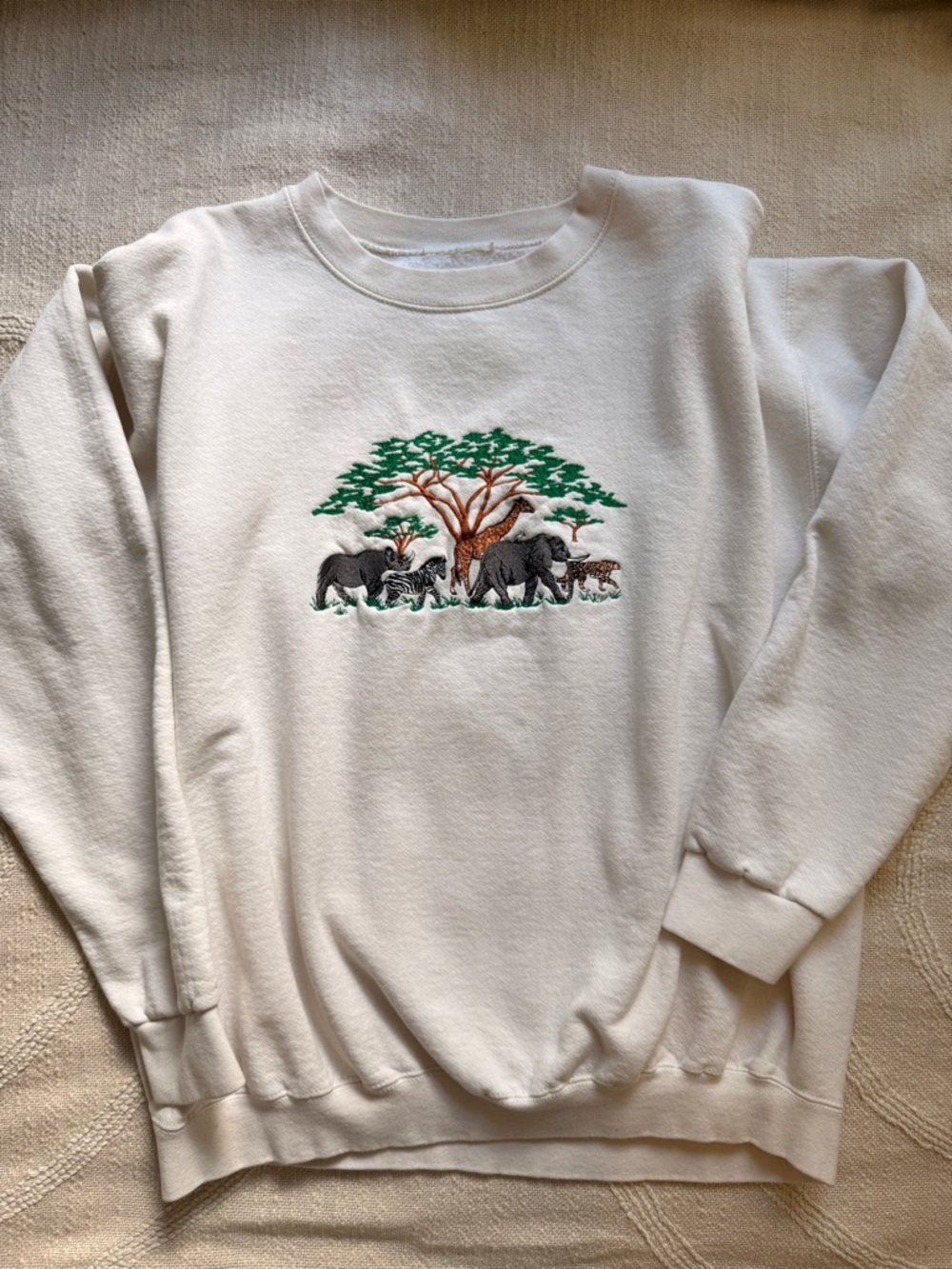 Unisex Off-White Crewneck Sweater with Safari Animals Embroidery